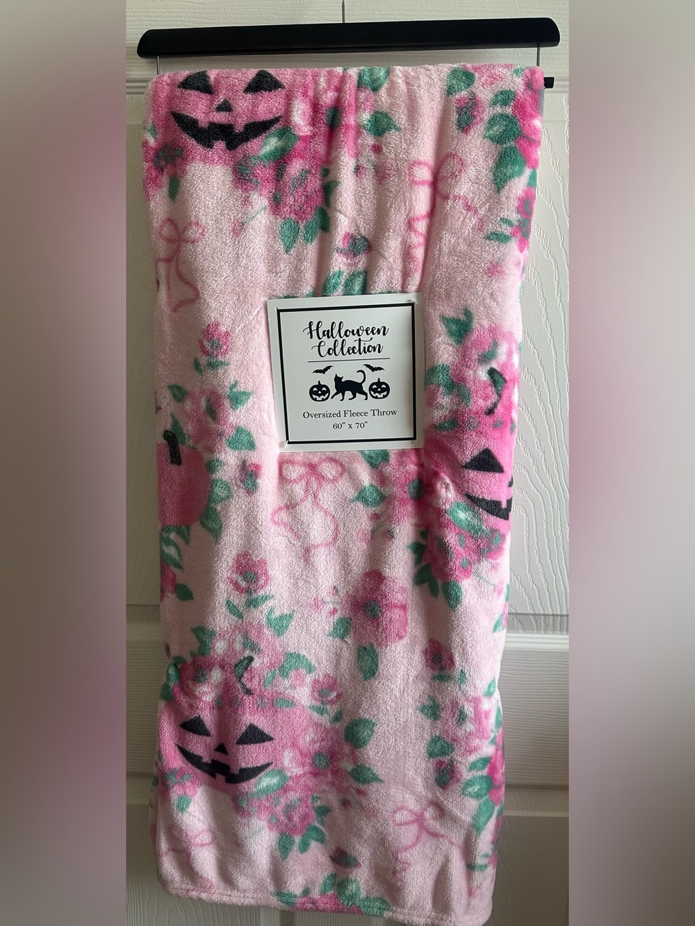 Halloween pumpkin Pink Floral Blanket bow cottage core Fleece 60x70” new
